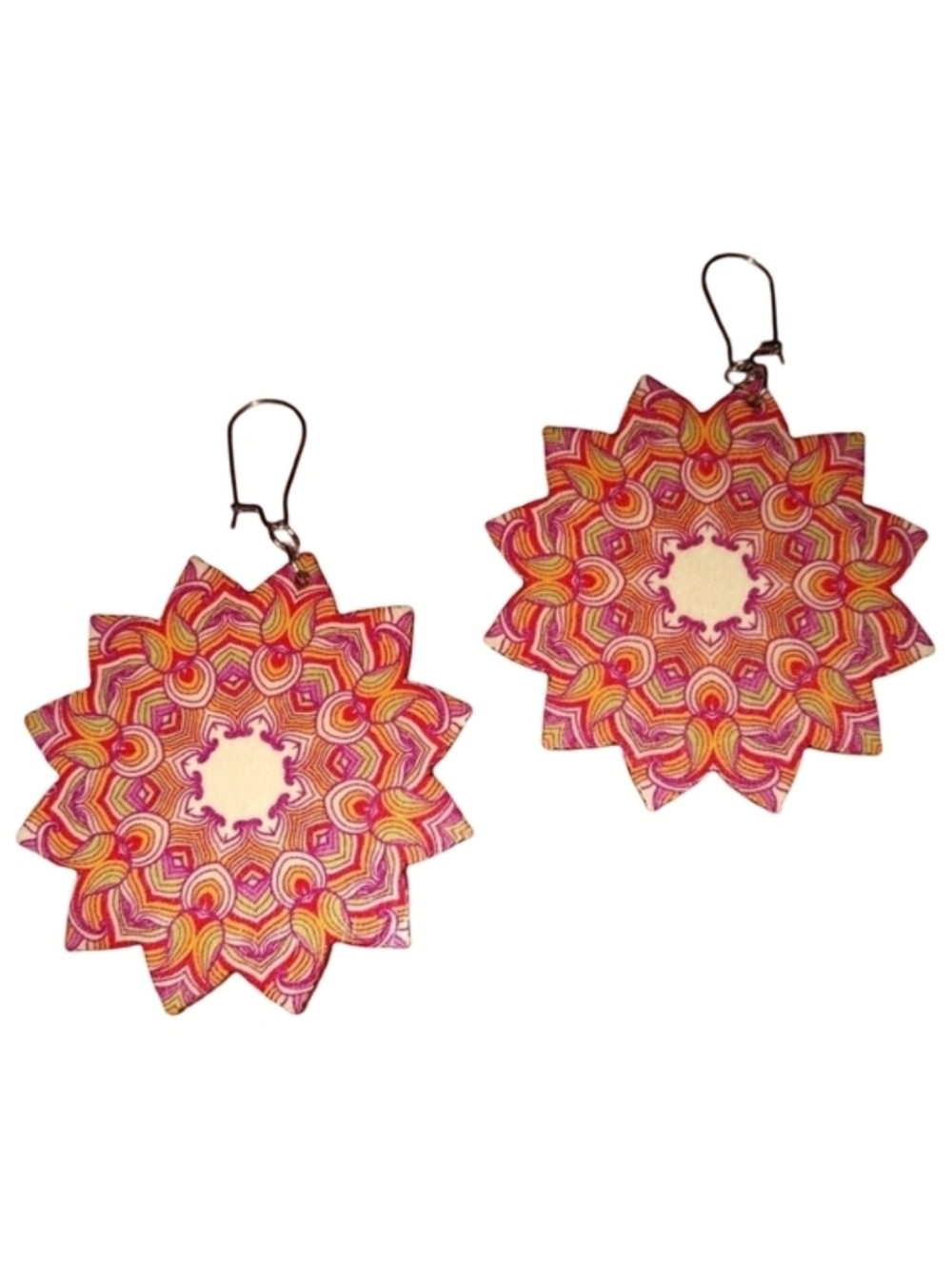 Pink Orange Floral Mandala Earrings Wood Boho Flower Lightweight Stainless Steel
